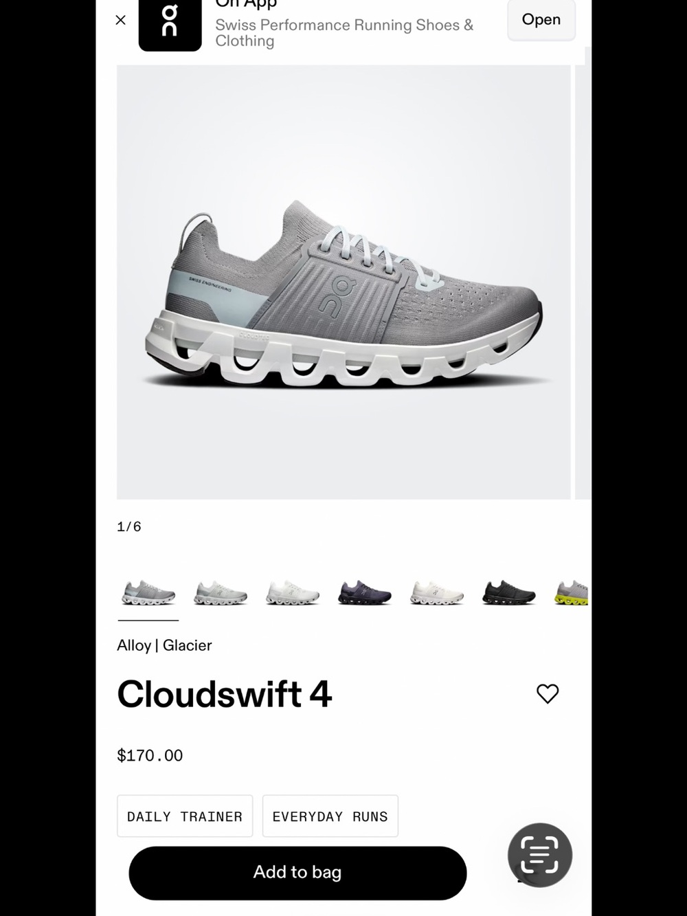 On Cloudswift 4 Running Shoe - Alloy/Glacier Gray sz 10.5 mens new in box